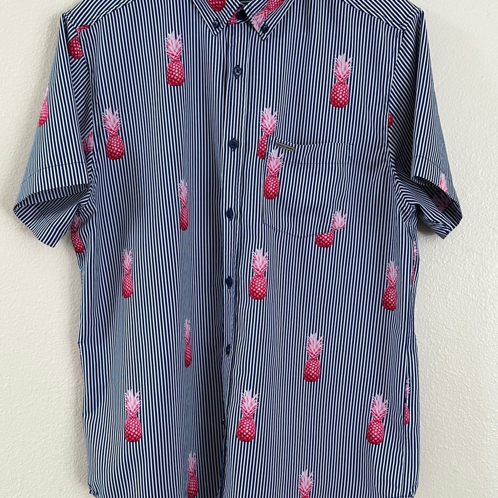 Vintage Summer Men’s Size L Navy White Striped Pink Pineapple Short Sleeve Top
